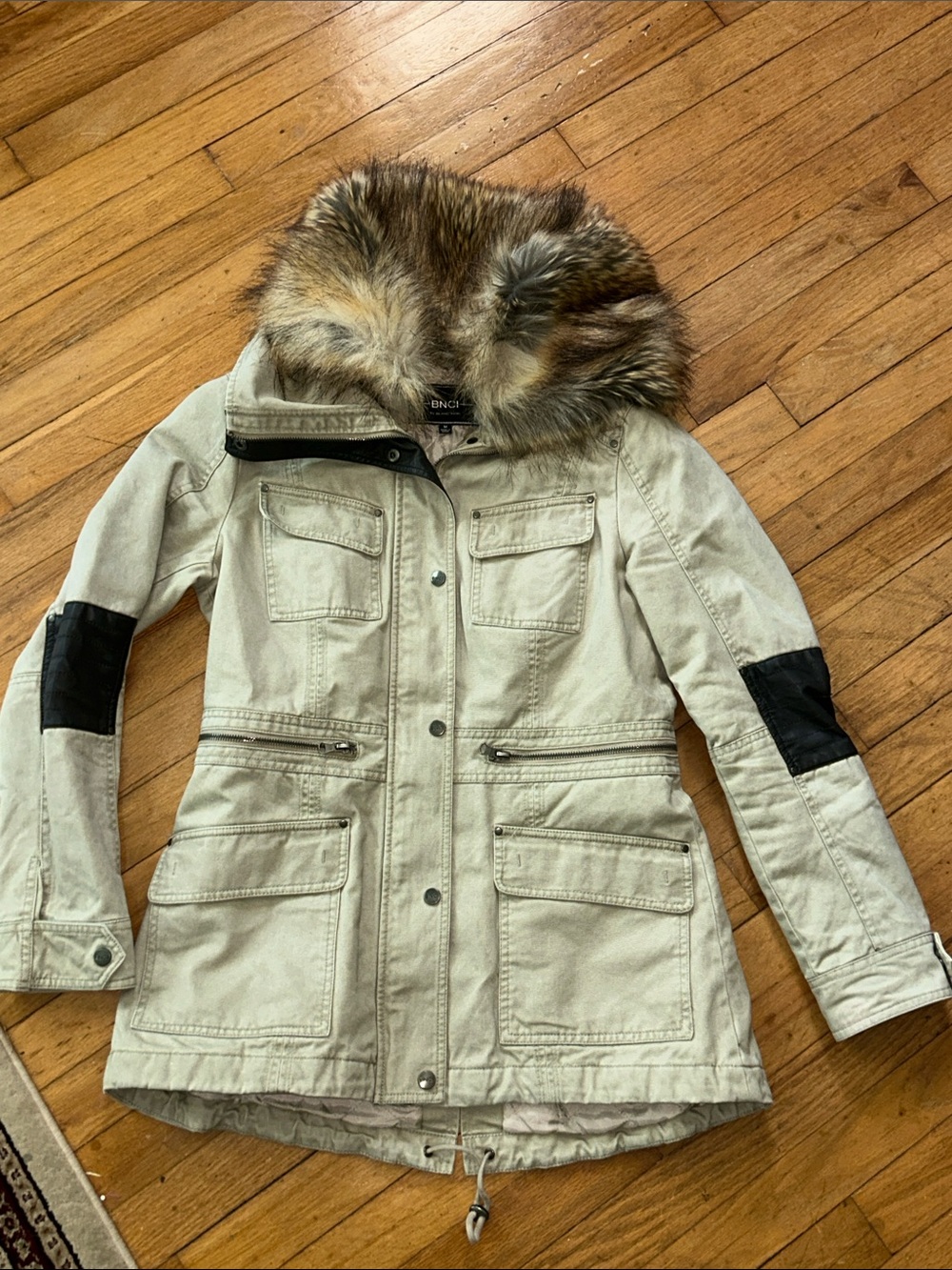 BONGO Cream Utility Parka with Faux Fur Trim and Black Elbow Panels